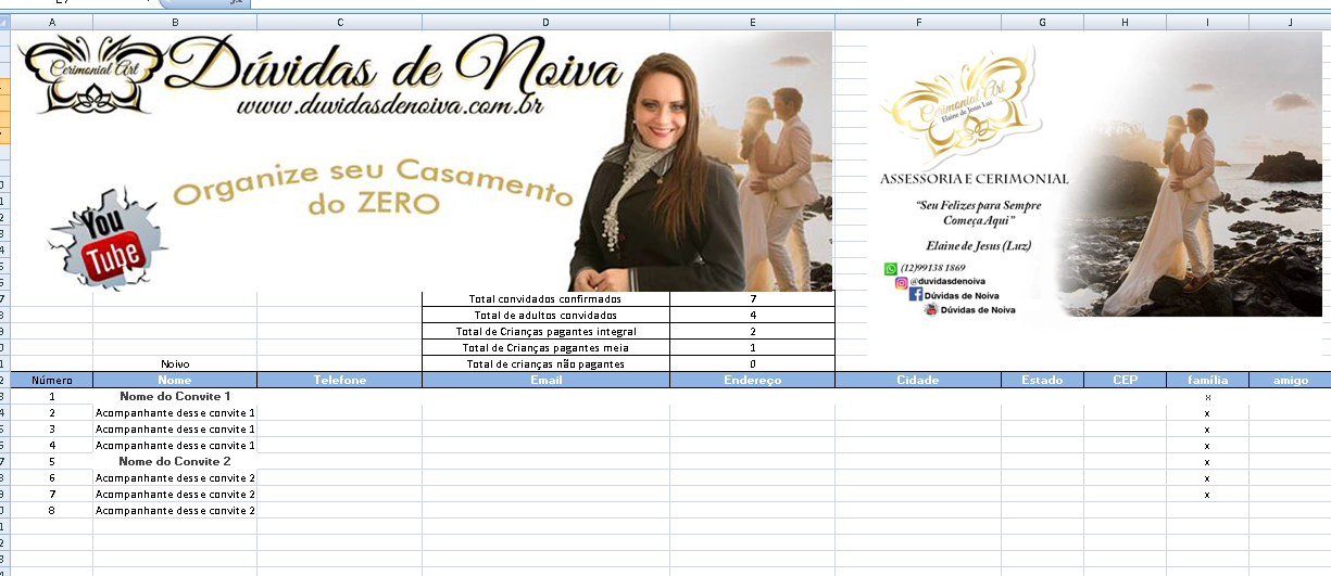planilha 1 - Lista de Convidados - Planilha completa e fácil